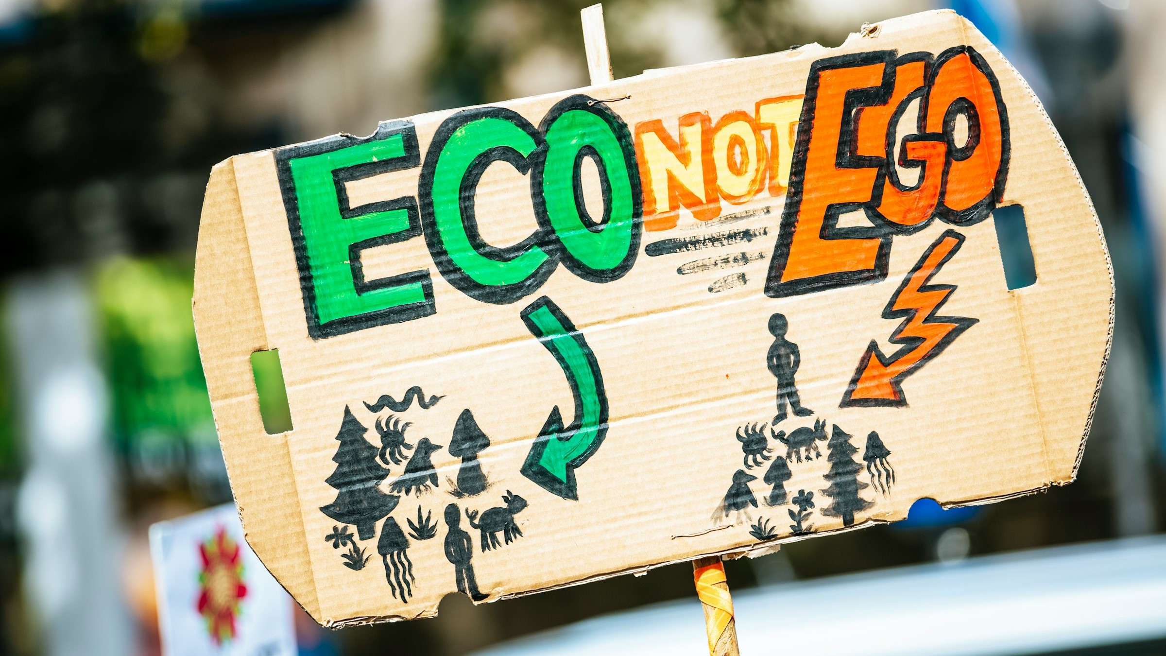 Pancarte d'une personne manifestante sur laquelle on peut y lire : « Eco not Ego »